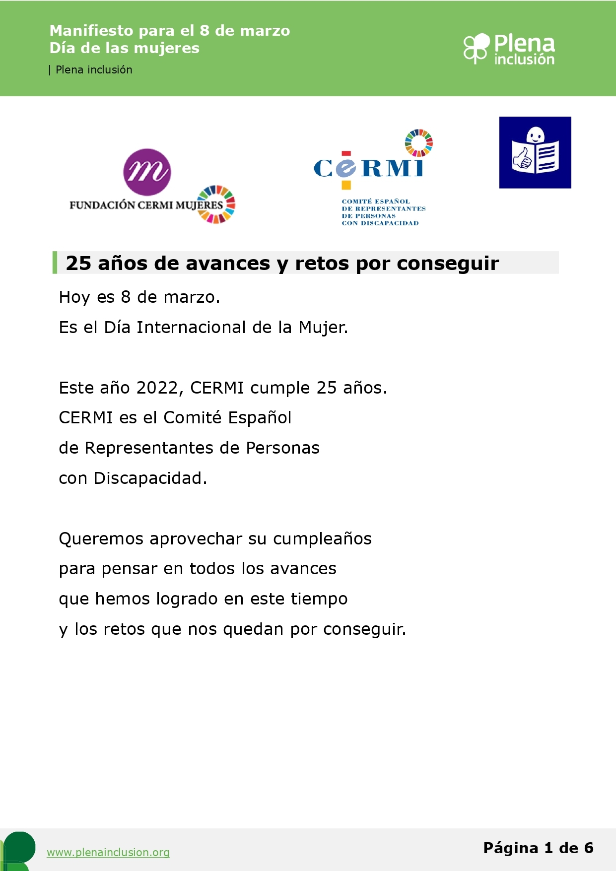 Ir a Manifiesto CERMI Mujeres. 8 de marzo de 2022. Lectura fácil