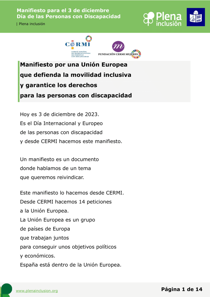 Ir a Manifiesto para el 3 de diciembre Día de las Personas con Discapacidad. Lectura fácil