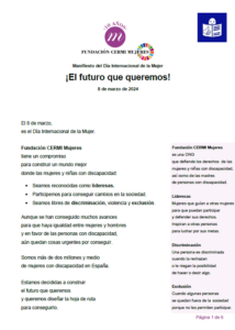 Ir a Manifiesto de Fundación CERMI Mujeres para el 8 de marzo de 2024. Día de la Mujer. Lectura fácil